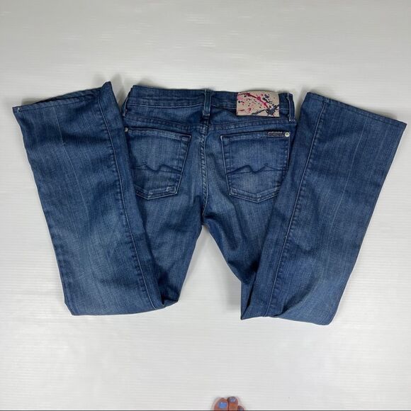 7FAM Jeans Flip Flop Dark Wash Flare Crystal Paint Splatter Women's 25 HEMMED - Picture 1 of 11